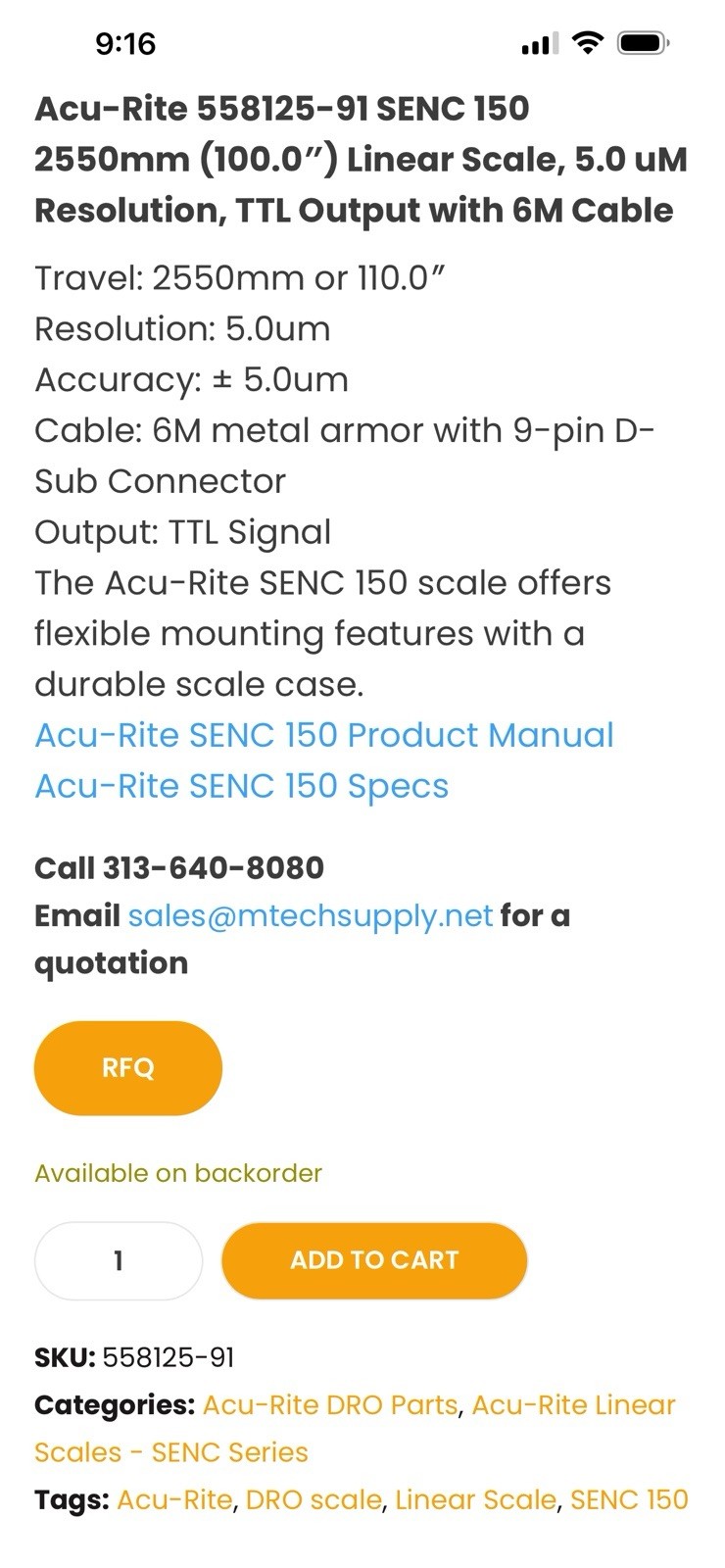 Acu-rite Linear Encoder. Senc 150. 100” Scale 558125-91. 19’ Armor