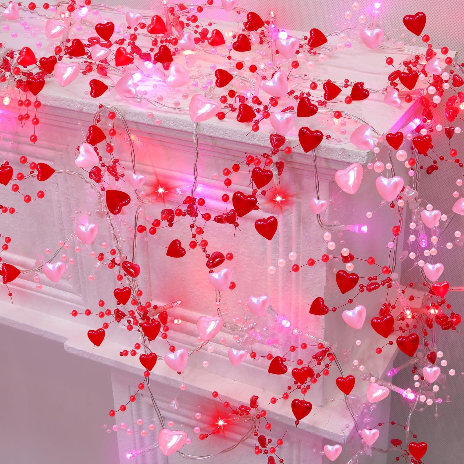 [Timer] 2 Pack 2 Total 13Ft 40LED Valentines Day Lights, Pink and Red