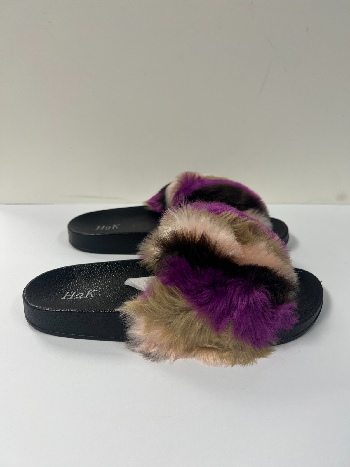H2K Women's Faux Fur Fuzzy Slides Multicolor Slip-On Sandals - NEW
