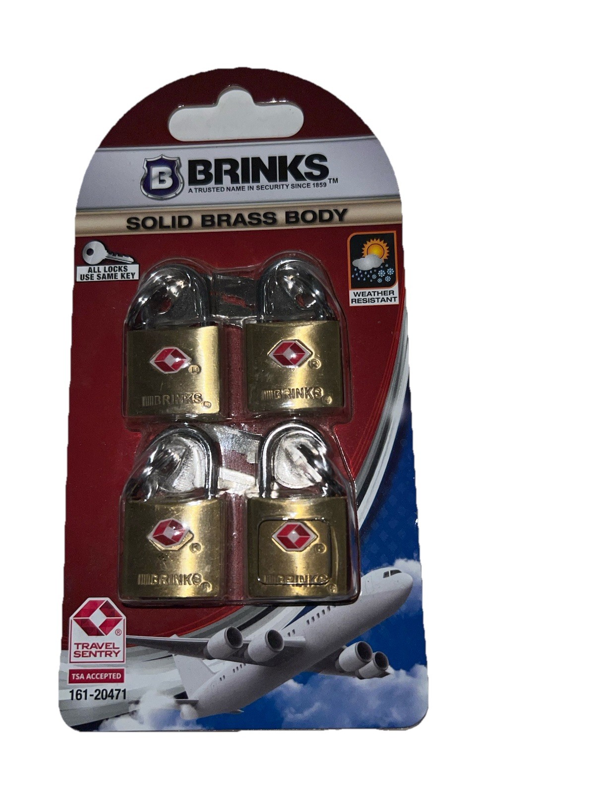 Brinks Solid Brass Body Locks. 4 Pack. Water Resistant. TSA Accepted.