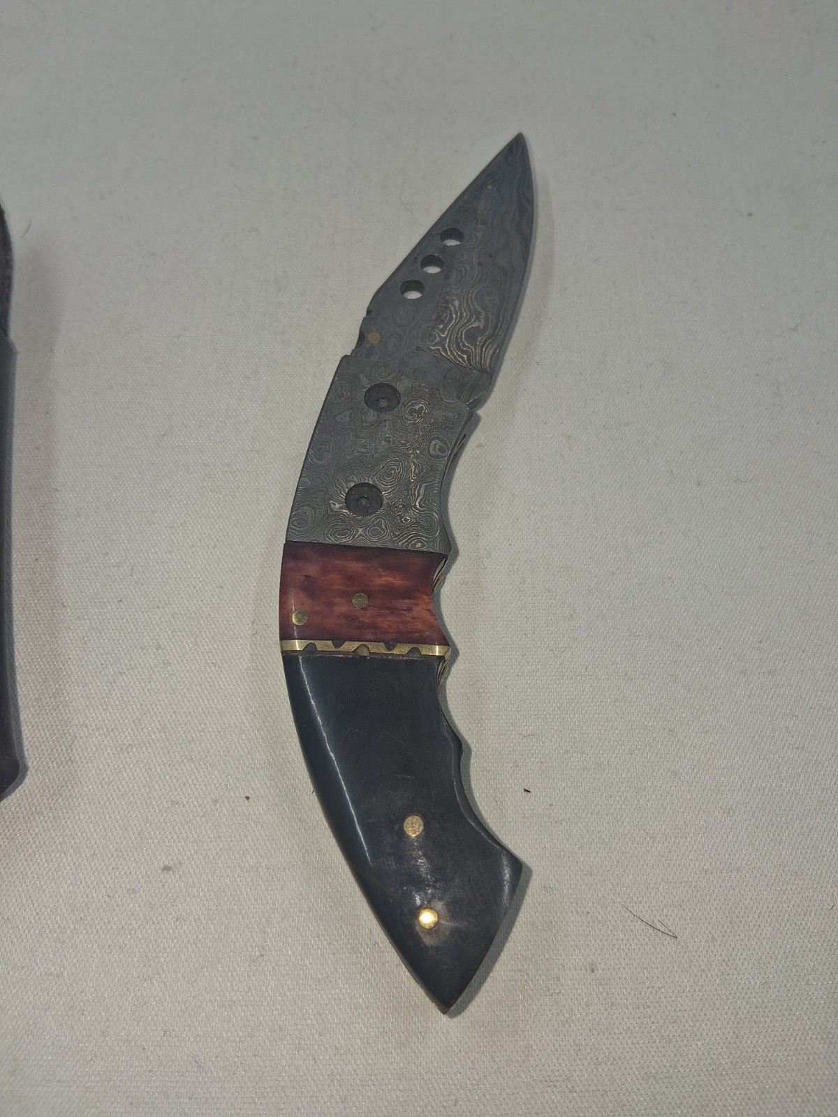 Vintage Stauer Damascus Curved Handle Folding Knife w/ Leather Case Liner