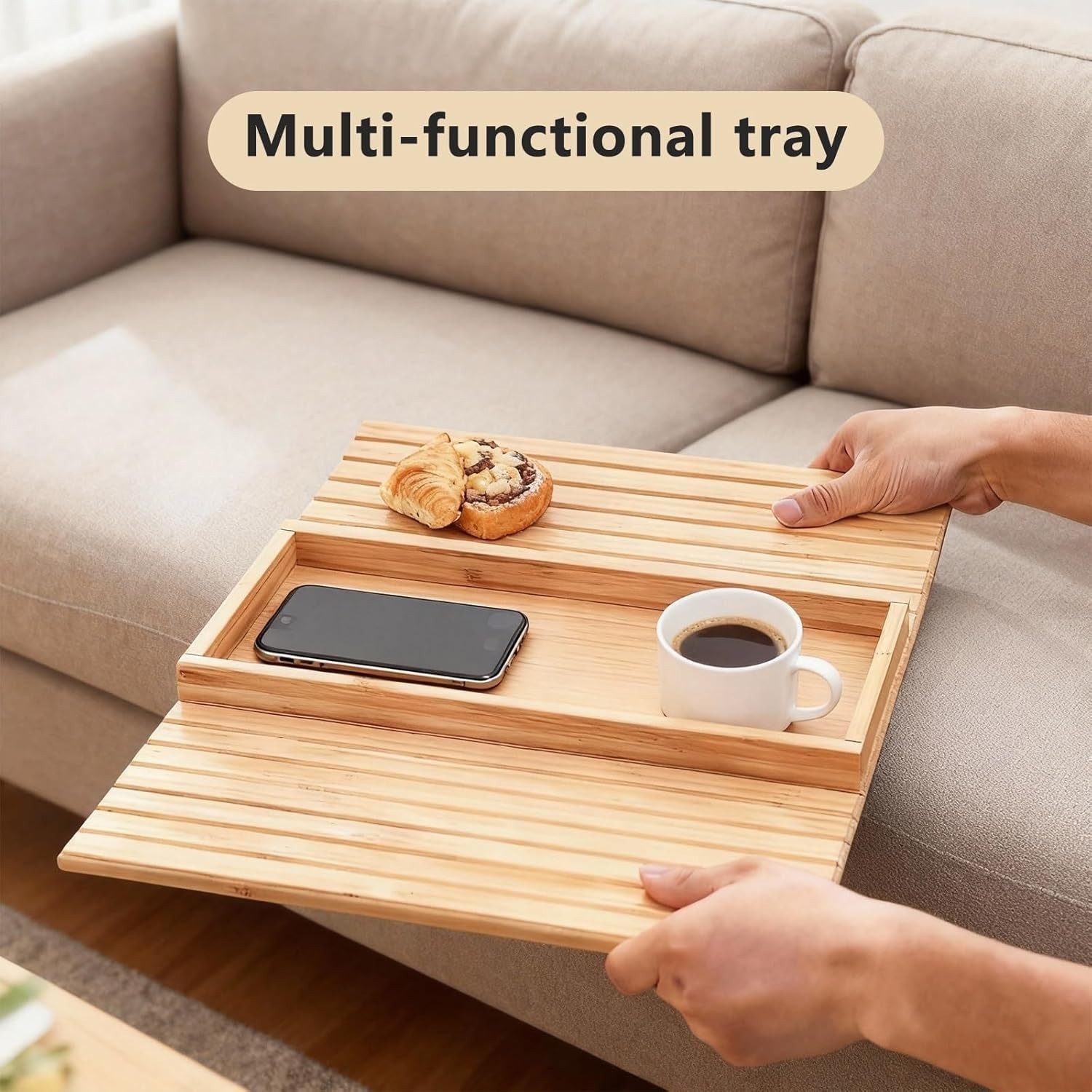 Bamboo Couch Arm Tray Table Foldable Sofa Rest W/ Non-Slip Base Portable