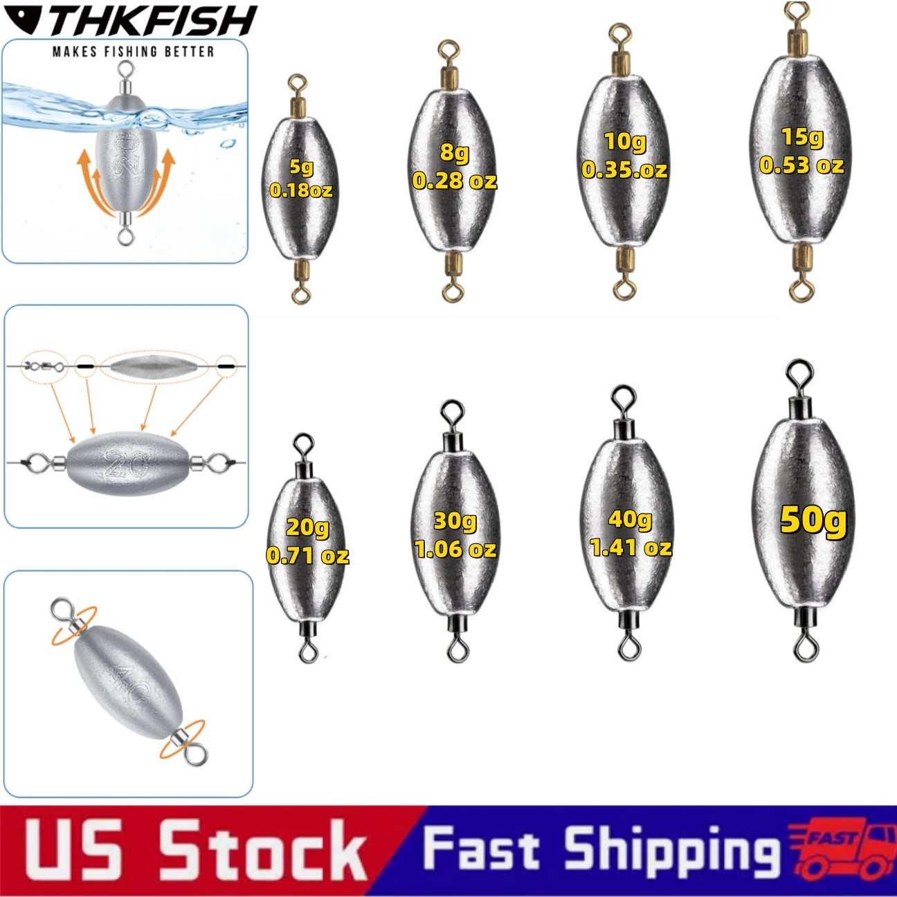 THKFISH Fishing Weights Inline Weights Trolling Sinkers Swivel Weights Quick Set