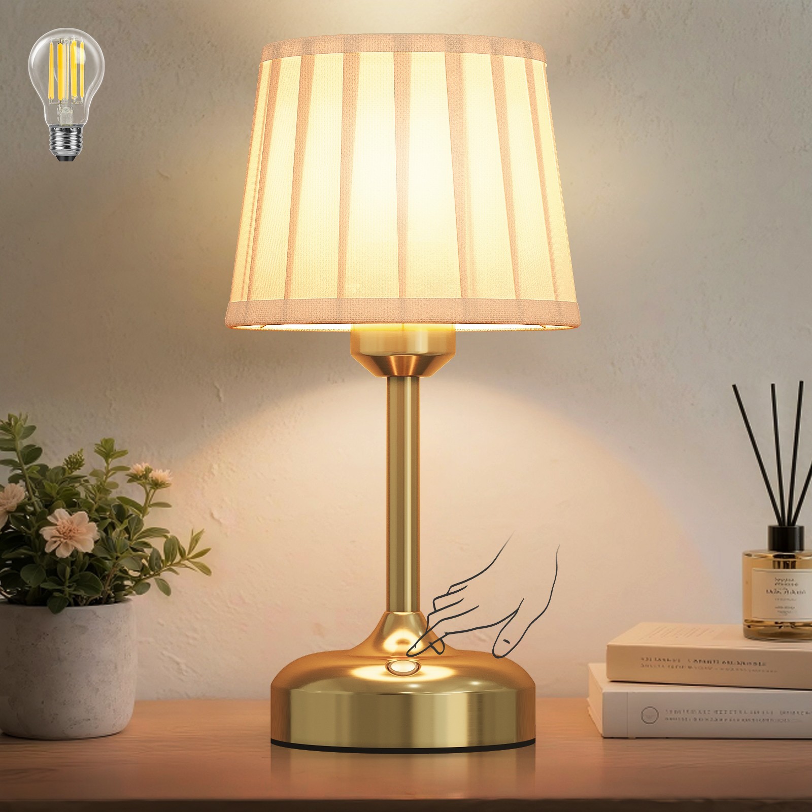 Cordless Table Lamp 5000mAh Rechargeable Battery Desk Lamp Fabric Shade Gold
