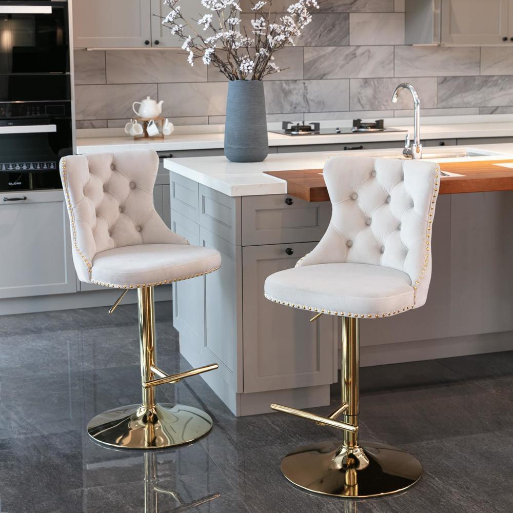 Set of 2 Modern Upholstered Bar Stool Swivel Velvet Barstools w/Adjusatble Seat