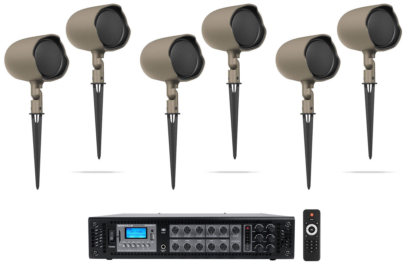 (6) JBL GSF3-TN 3" Landscape Ground Stake/Wall 70v Commercial Speakers+Amp