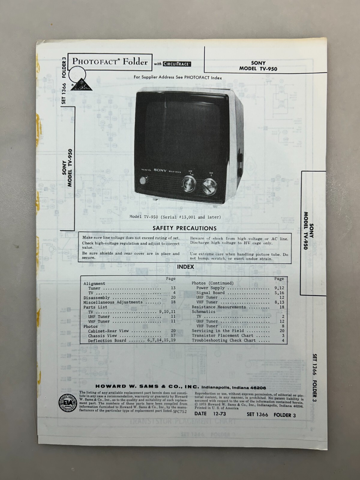 Sony TV-950 Service Manual Sams Photofact Free Shipping