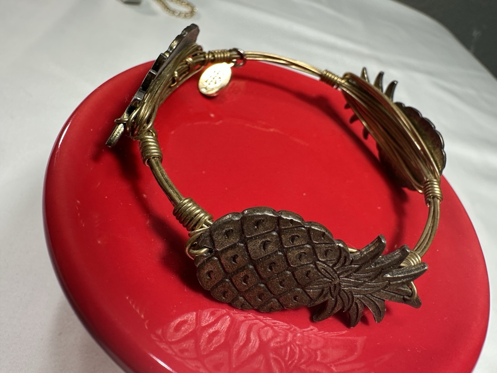 BOURBON AND BOWETIES 3 PEWTER Pineapple WIRE BRACELET Stackable Tropical