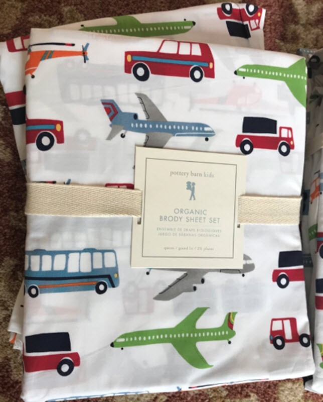 Pottery Barn Brody Cars Sheet Set Multi Color Queen Trucks Buses Madras 4p Kids