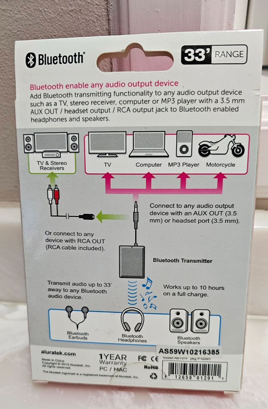 Aluratek Bluetooth 33' Audio Transmitter Bluetooth enable TVs Stereos Computers
