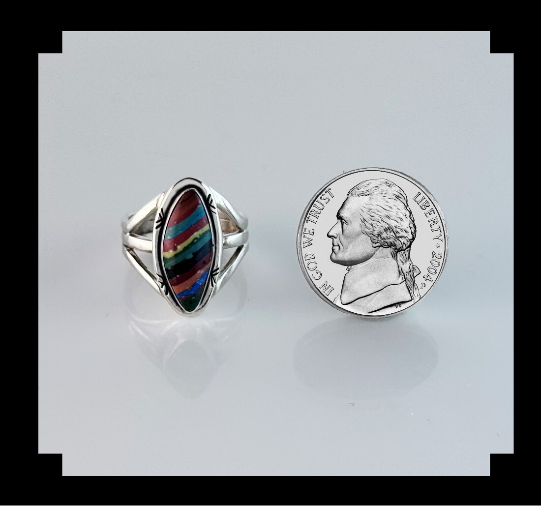 Sterling and Rainbow Calsilica Ring Size 5