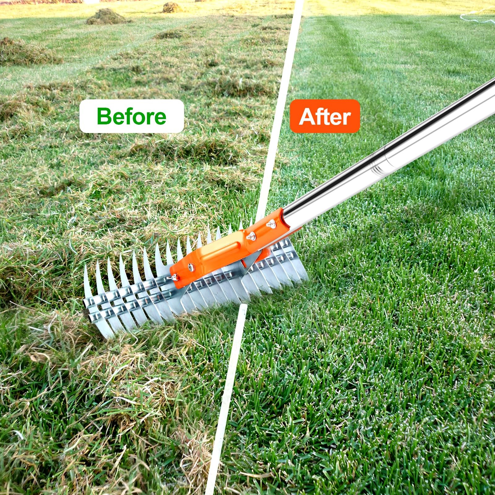 Thatch Rake, 15 Inch Lawn Thatching Rake, Heavy-Duty Dethatcher Rake with Glo...