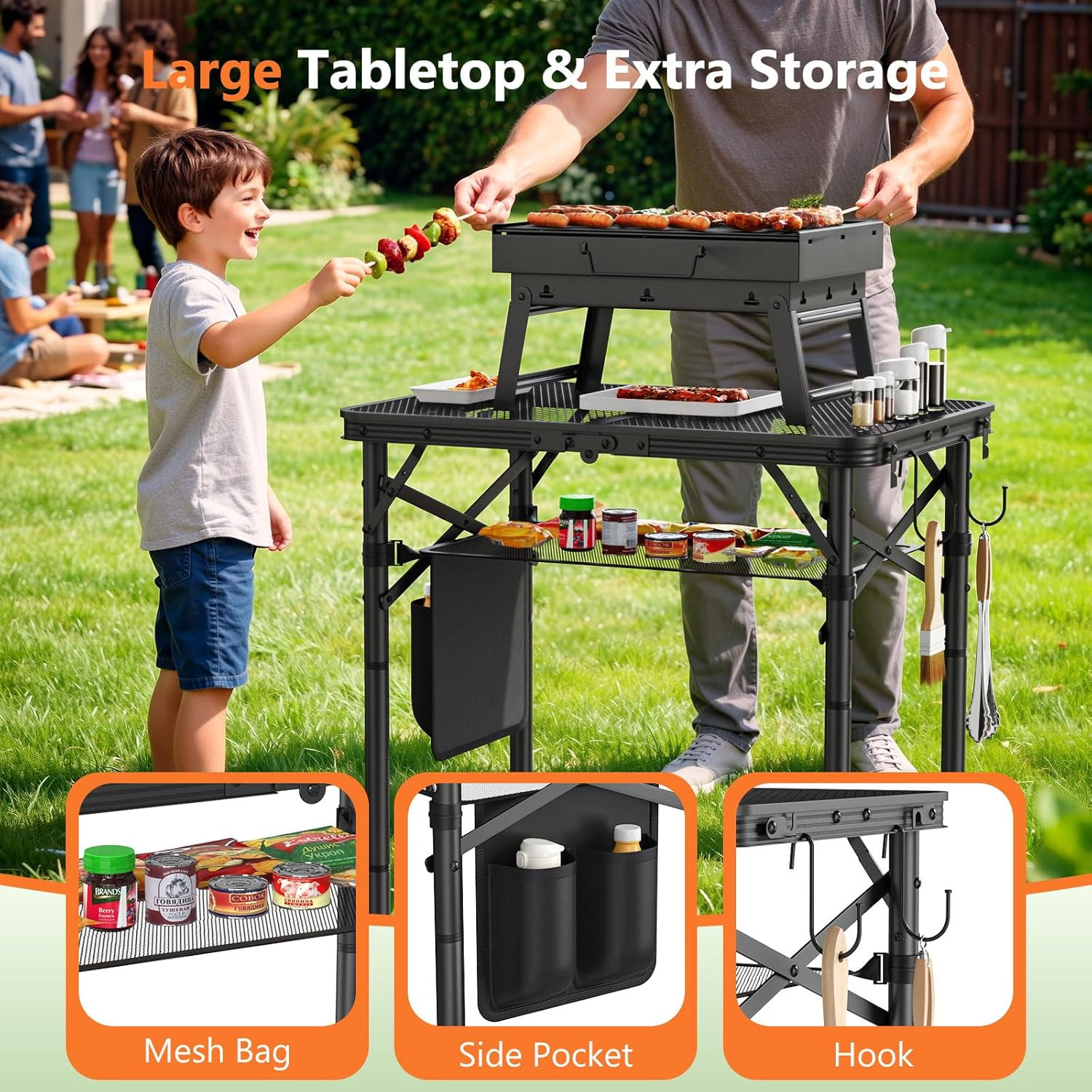 Folding Grill Table Adjustable Height Camping BBQ Table Portable Aluminum
