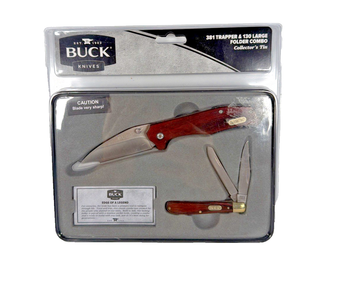 Buck Knives 381 Trapper & 130 Large Folder Combo, Pakkawood,  Elk Collector Tin