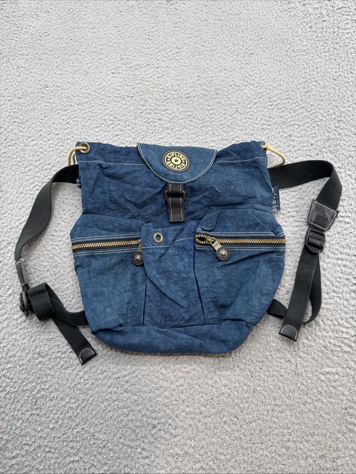 Vintage Kipling Drawstring Bucket Lightweight Blue Nylon Backpack Outdoors