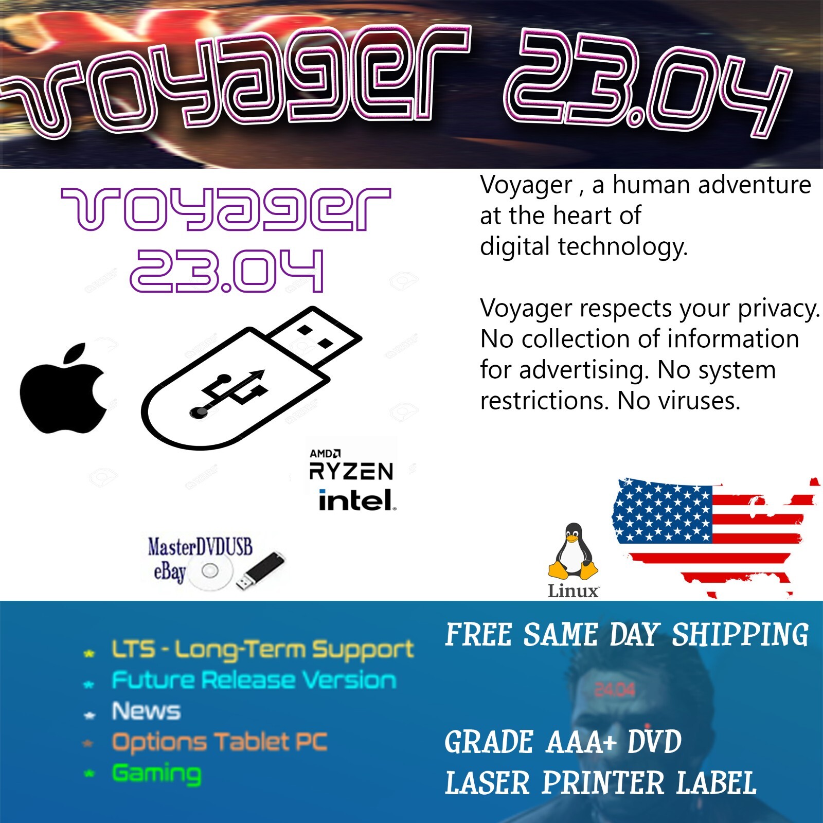 Voyager 23.04 LTS Linux LIVE/INSTALLER USB - Brand New Same Day Shipping