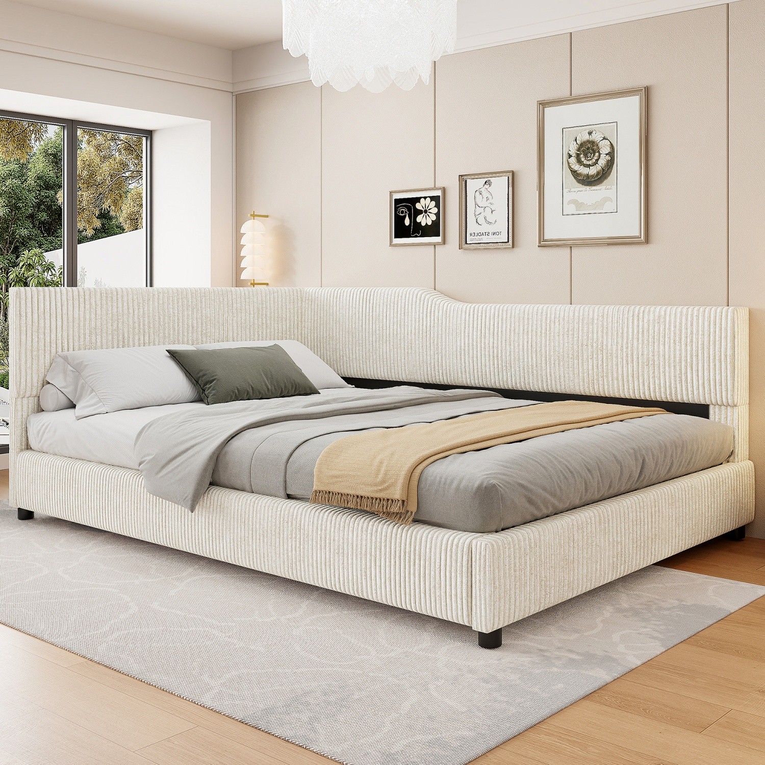 Full Size Corduroy Upholstered Daybed Modern L-Shaped Wood Bed Frame Beige/Gray