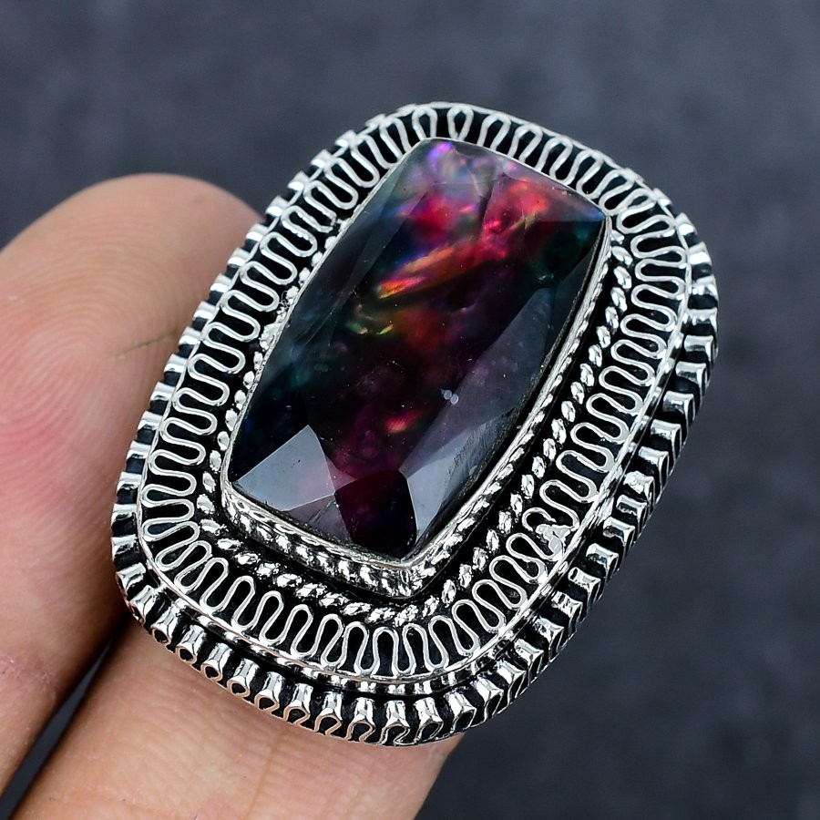 Natural Ammolite Gemstone Handmade 925 Sterling Silver Jewelry Ring Size 9 o391