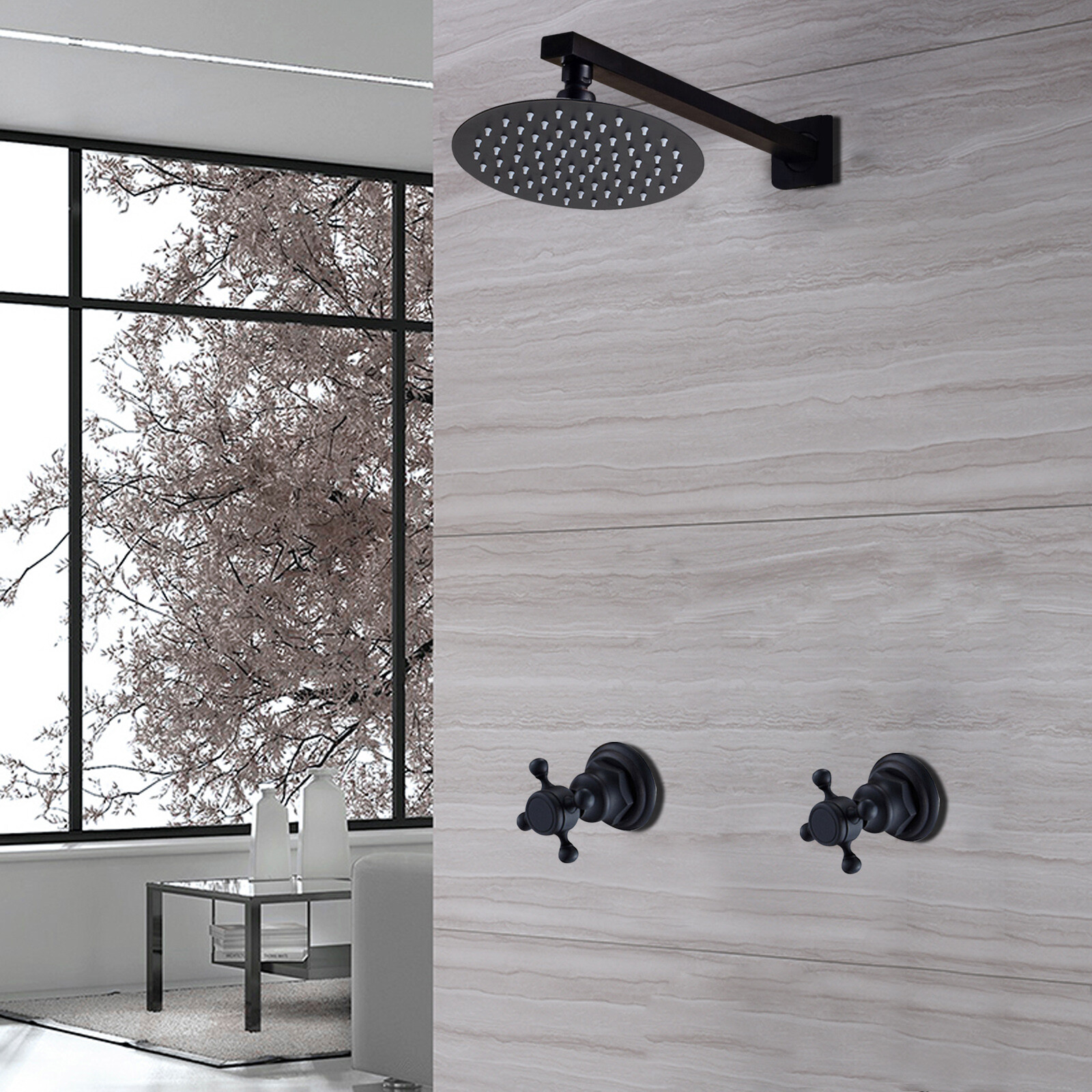 Shower Faucet Set Rainfall Shower Head Combo System Wall Mount w/Mixer Valve Kit