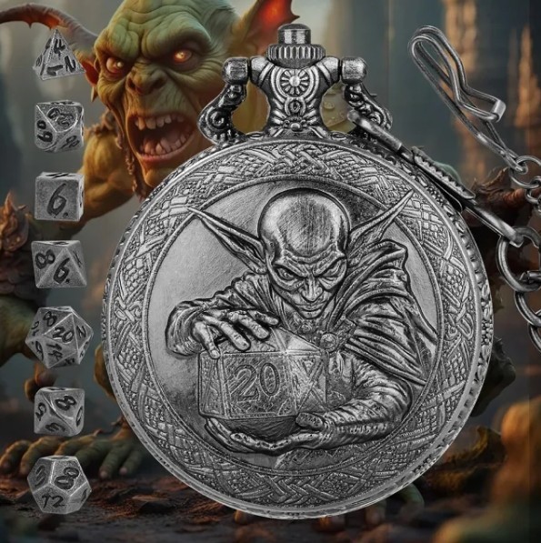 TEG - Nickel Cryptkeeper Pocket Watch Keychain w/ Mini Polyhedral Set New Specia