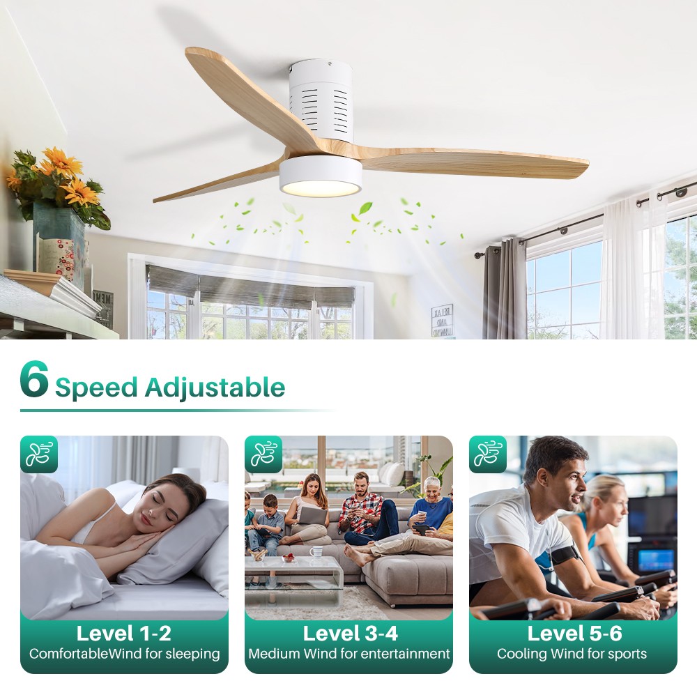 Bedroom Ceiling Fan With Integrated LED & Remote & Solid Wood Blades Reversible