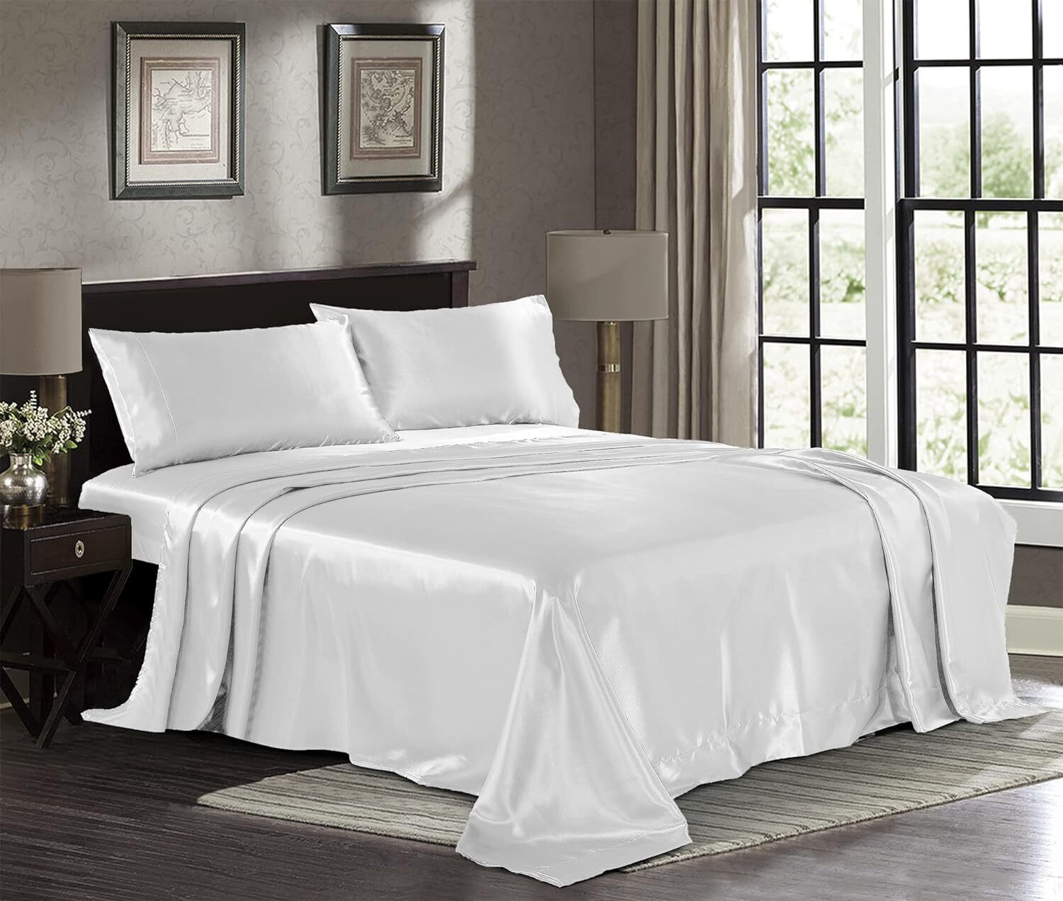 Satin Sheet Set Silky Microfiber Deep Pocket Fitted Sheet+Flat Sheet+Pillow Case