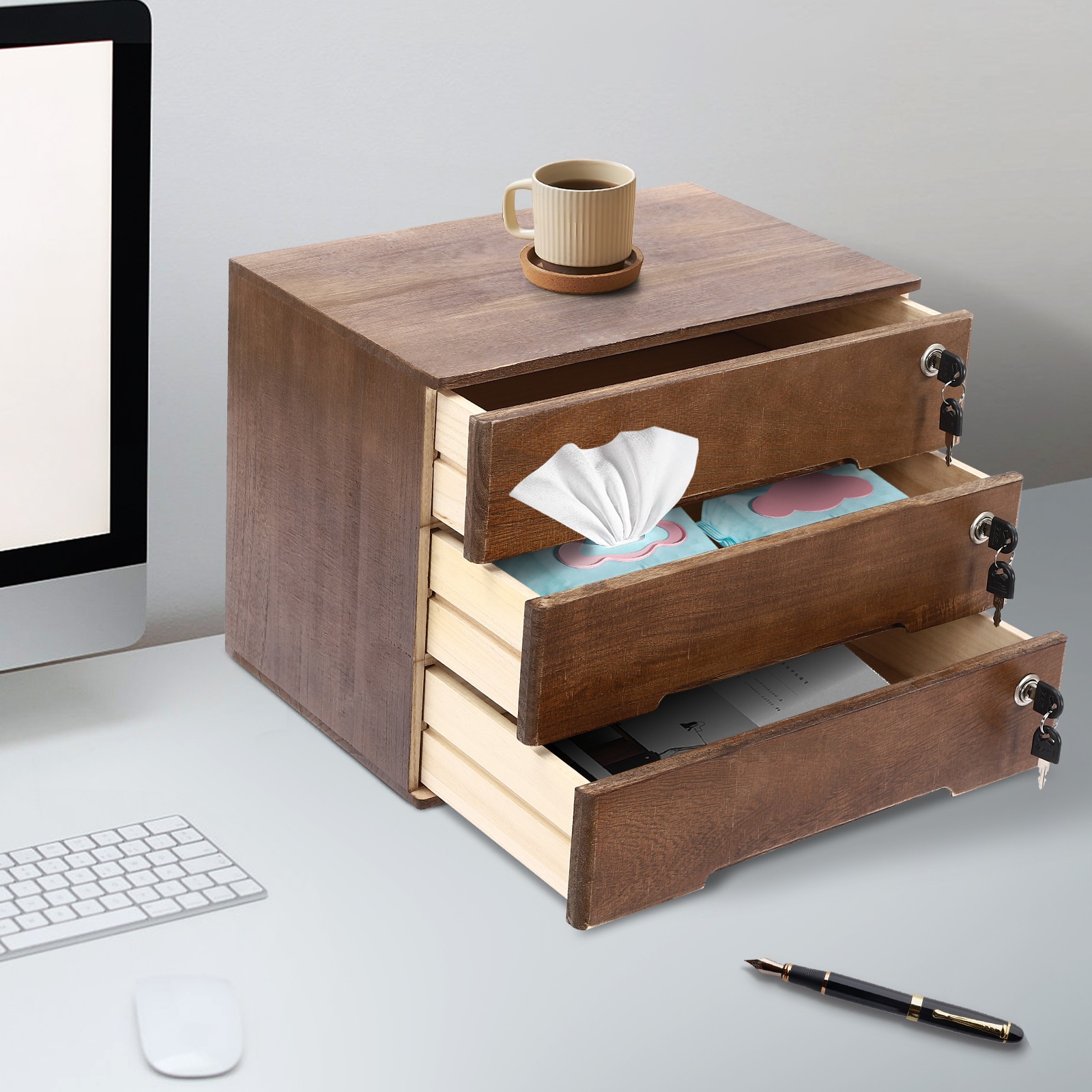 Vintage Wooden Desktop Storage Box Lockable 3-Drawer Office/Home Table Organizer