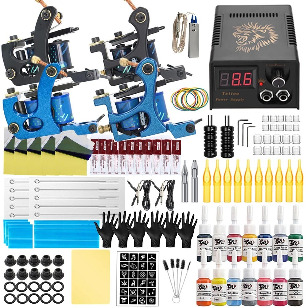 Complete Tattoo Kit Coil Tattoo Machine Tattoo Power Supply Needles Professional