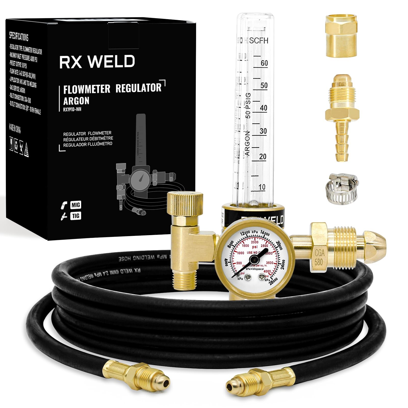 RX WELD Argon Regulator Flowmeter Gas Gauge for Mig Tig Weld with Gas...