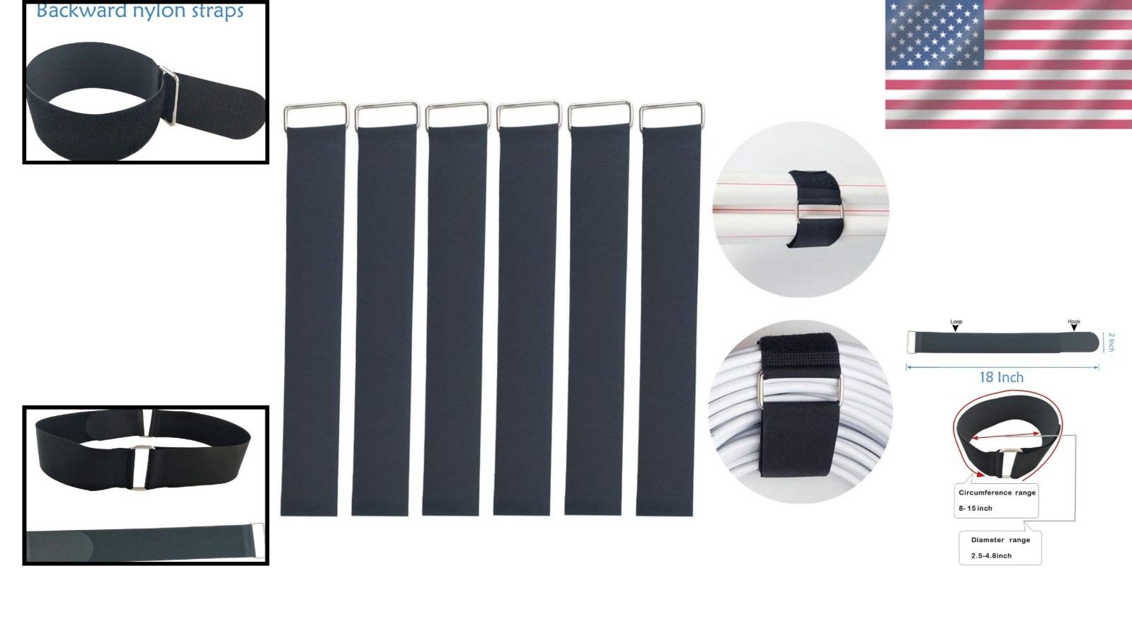 18" x 2" Reusable Nylon Hook and Loop Straps - 6 Count for Ultimate Organization