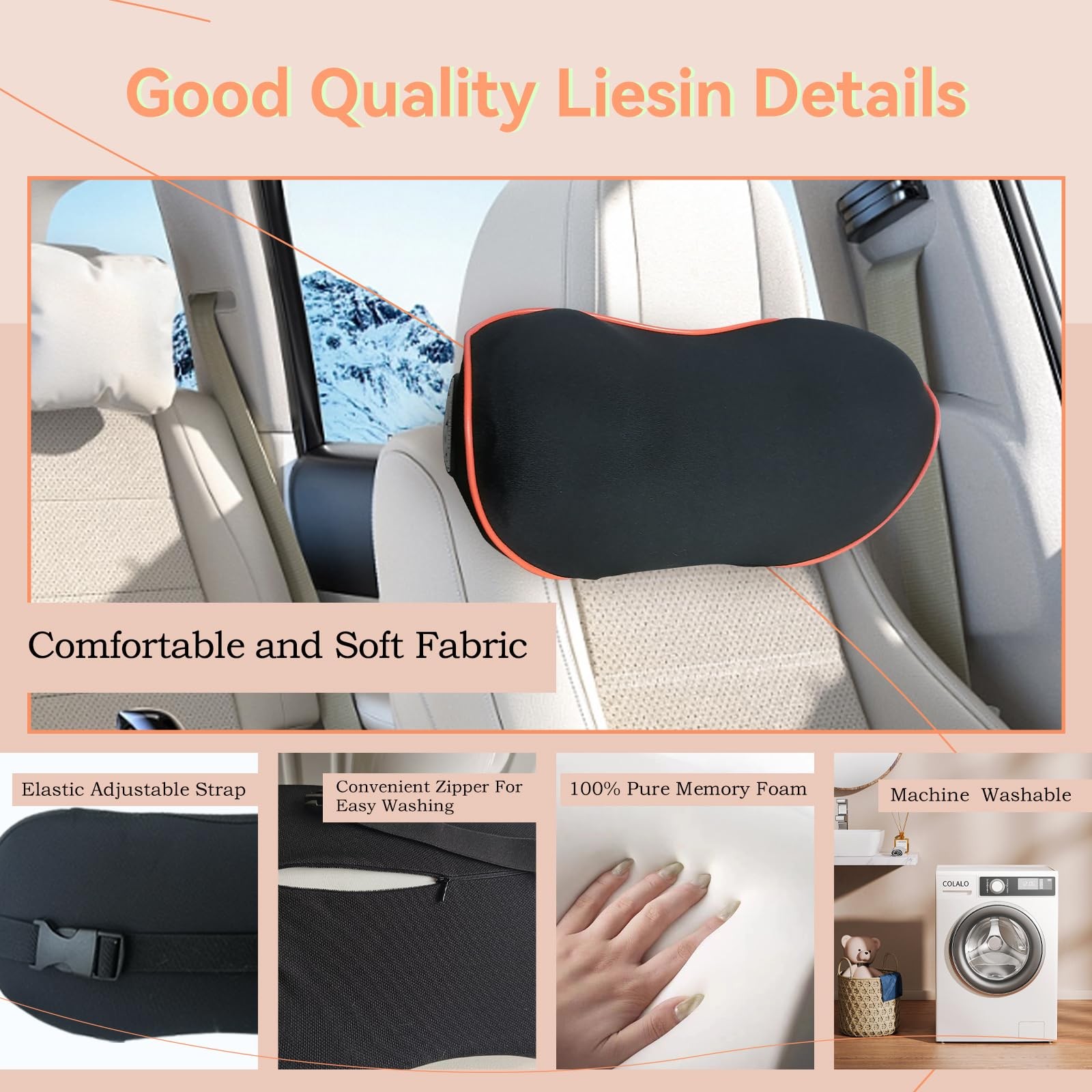 Car Headrest Neck Pillow Memory Foam Adjustable Strap Washable Removable Cover