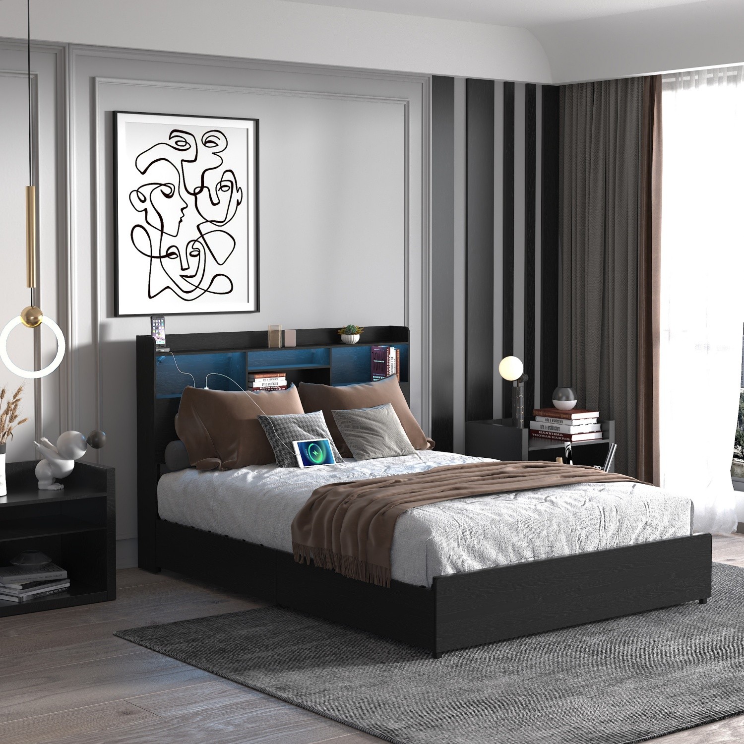 Full/Queen Size Platform Bed Frame w/ LED Lights & Storage Headboard & 4 Drawers