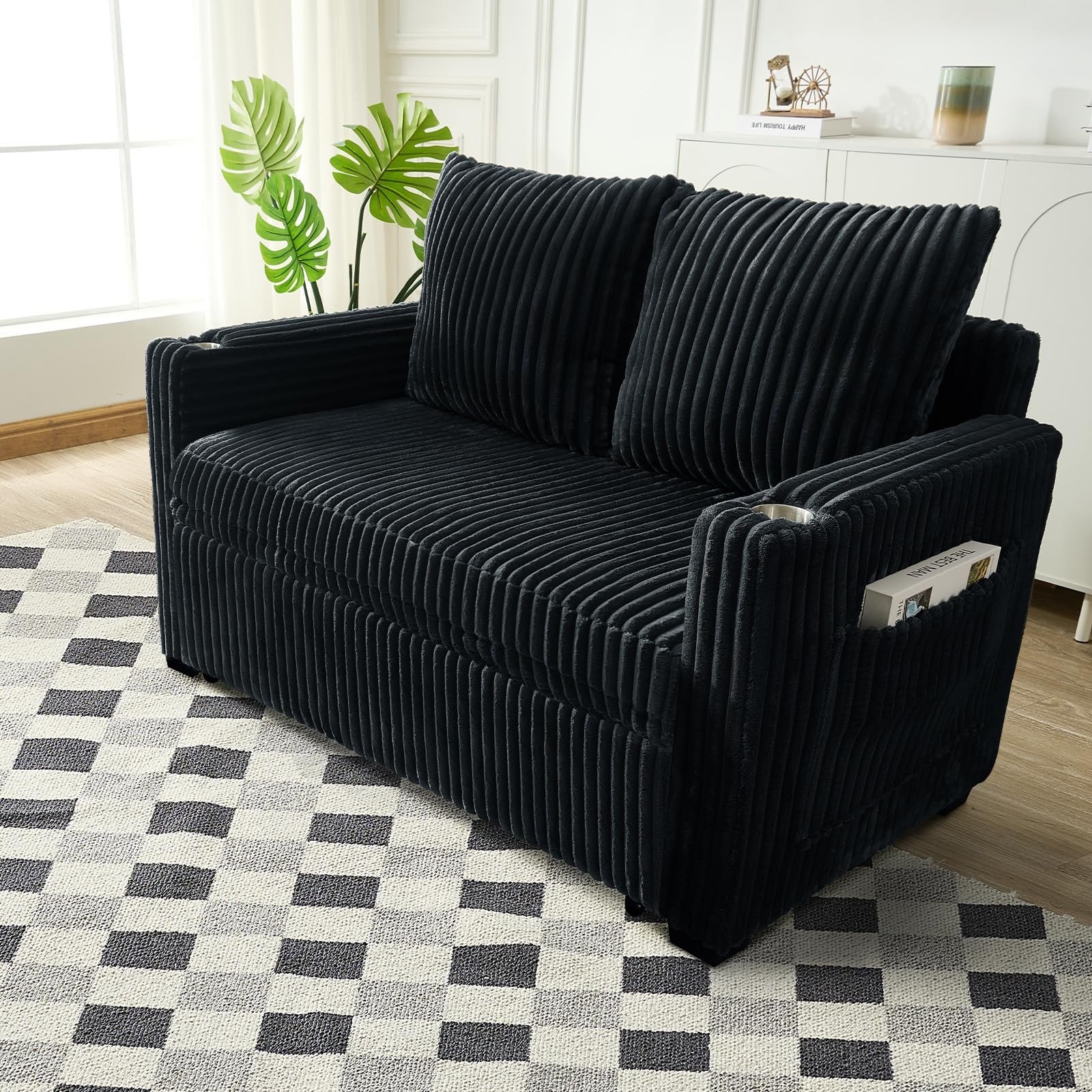Pull Out Sofa Bed Convertible Corduroy Loveseat USB Charging Adjustable Black