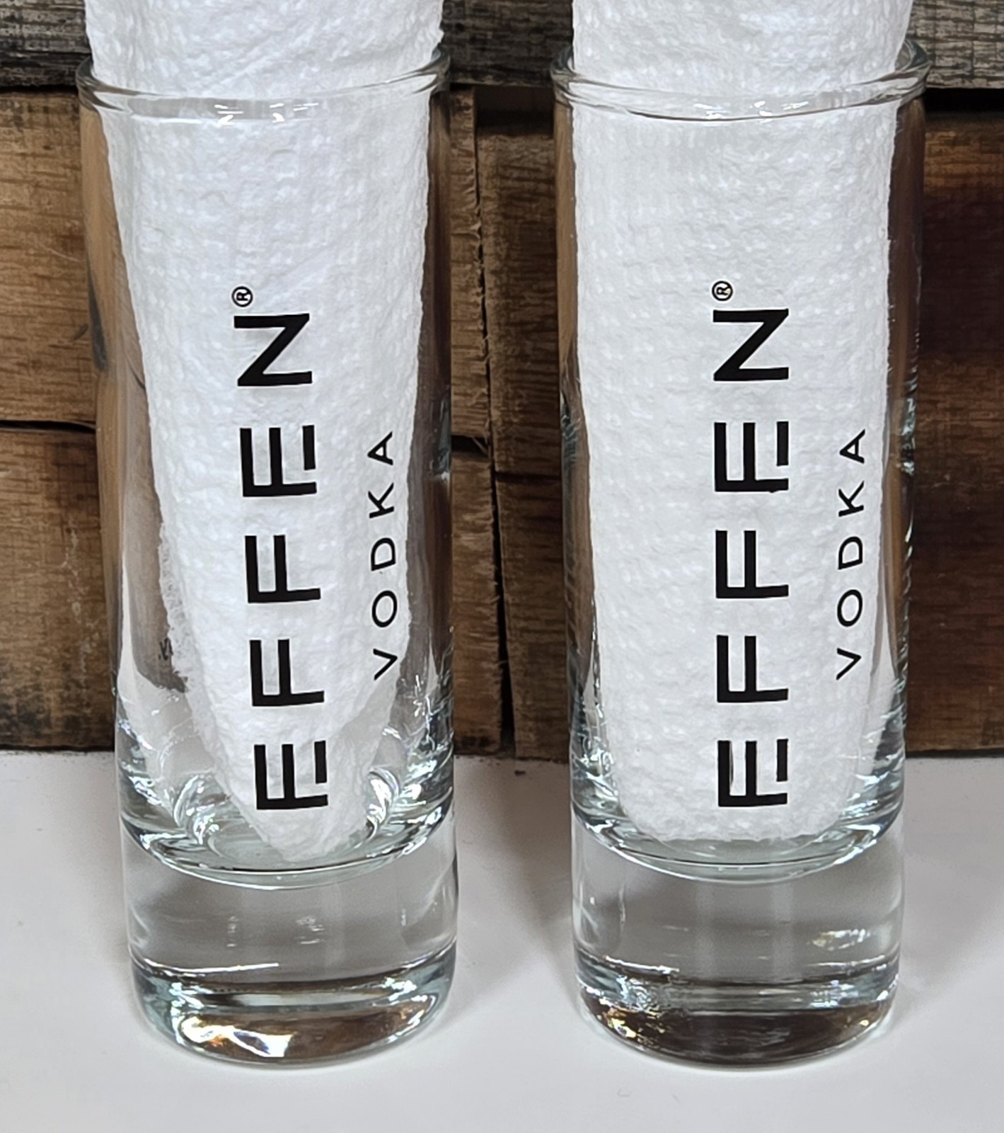 Effen Vodka Shot Glasses, Lot Of Two, Tall & Skinny, Clear W/Logo, New/No Box