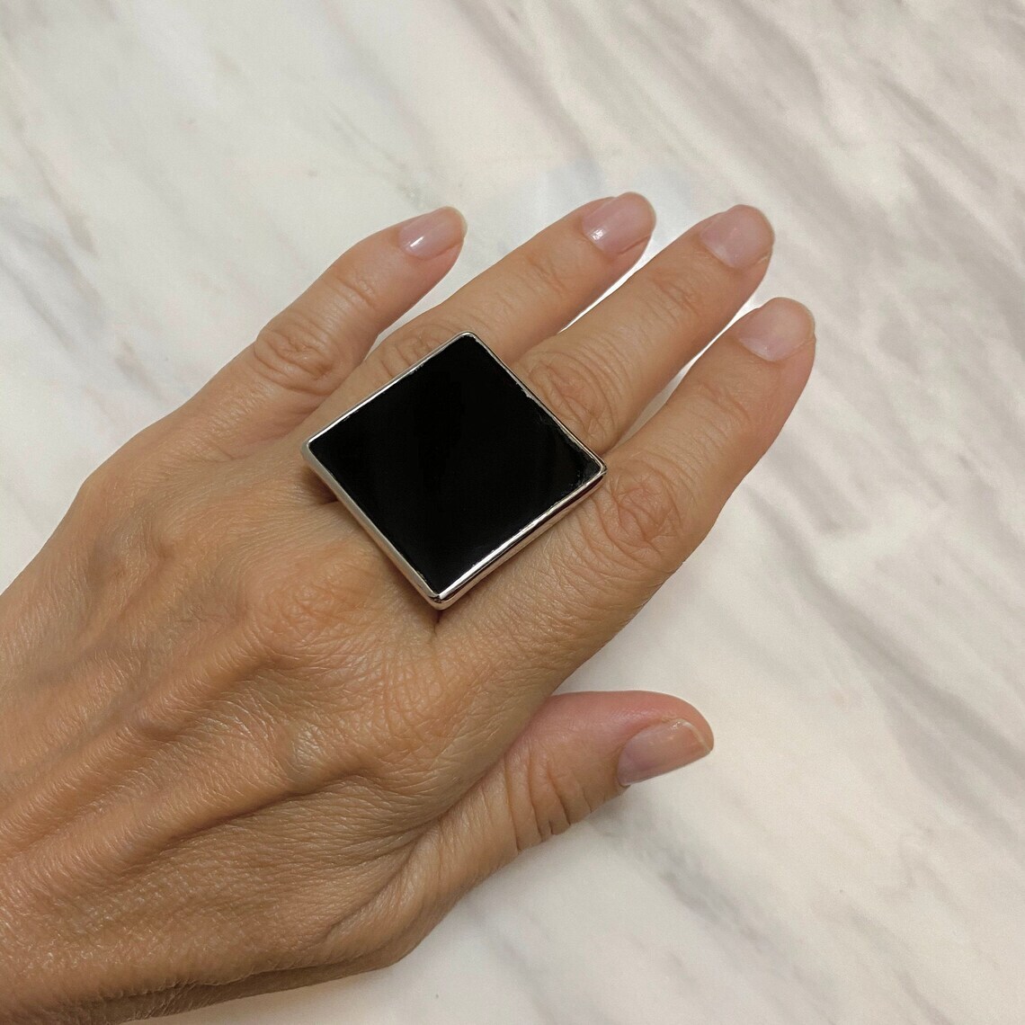 Square Black Onyx Gemstone 925 Sterling Silver Ring All Size