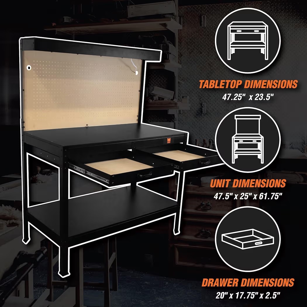 48-Inch Workbench with Power Outlets and Light, Black WEN Working Contractor