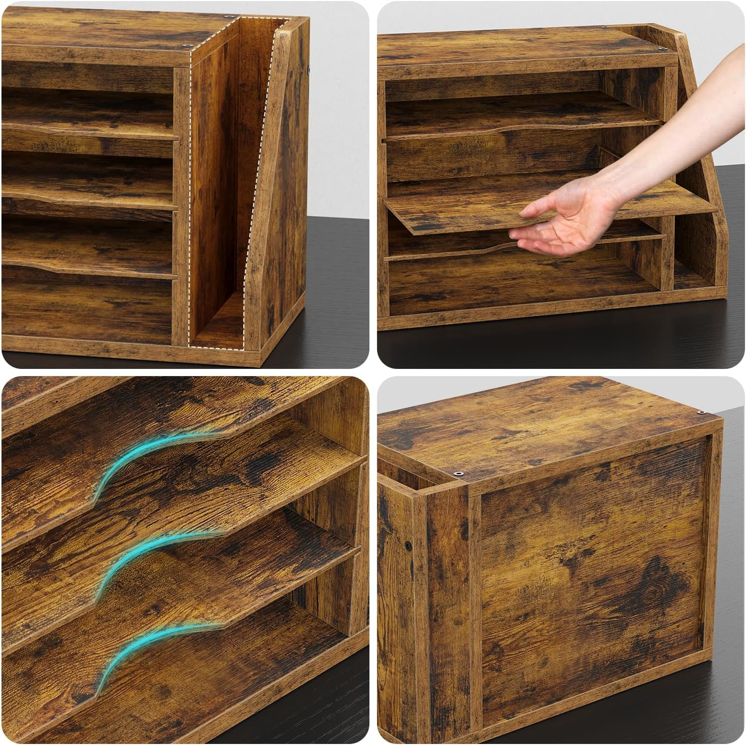 Mail Sorter, File Organizer Desktop, Wood Desk Organizer with 3 Adjustable Shelv