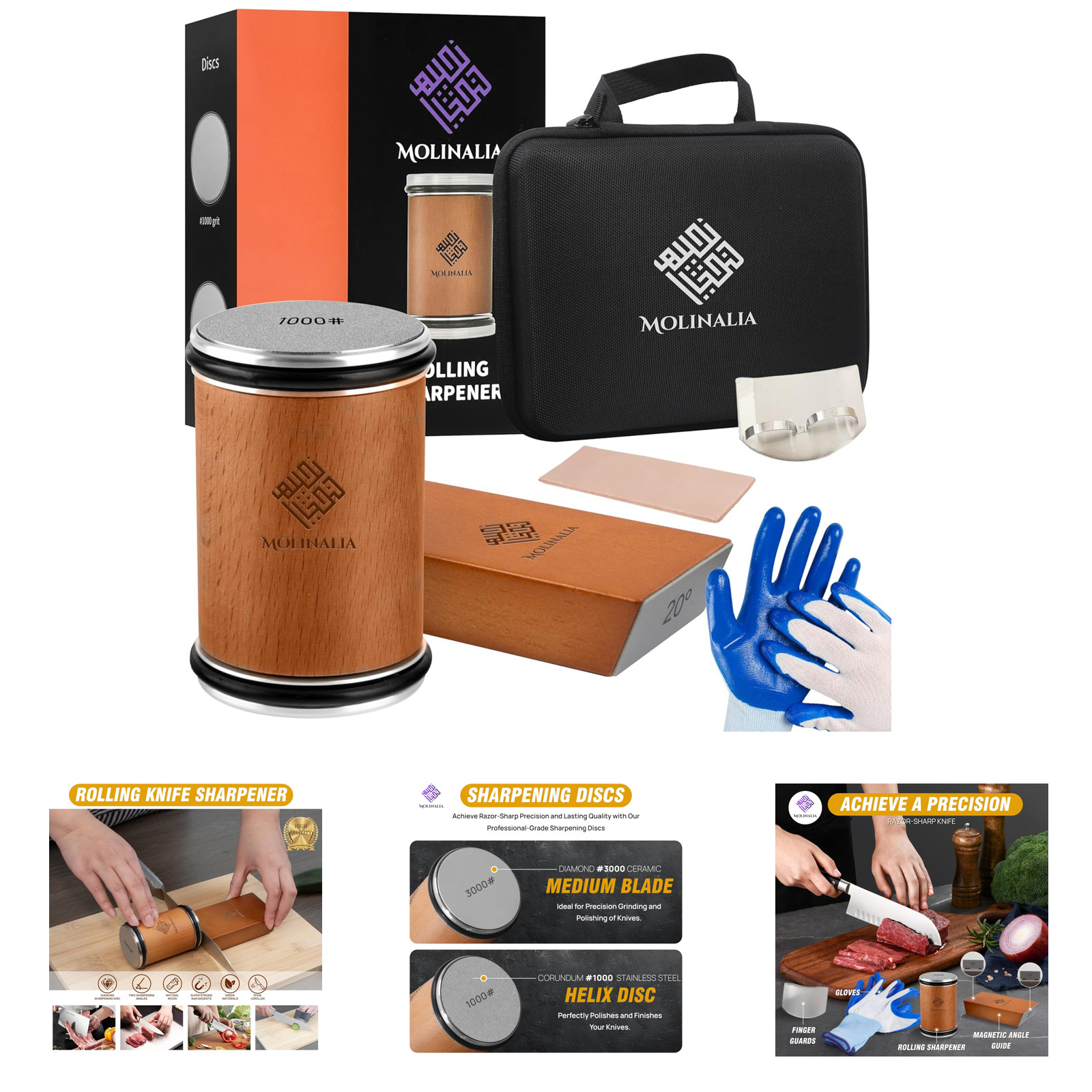 Knife Sharpener Kit for Kitchen, Diamond Ceramic Discs, Magnetic Angle Guide