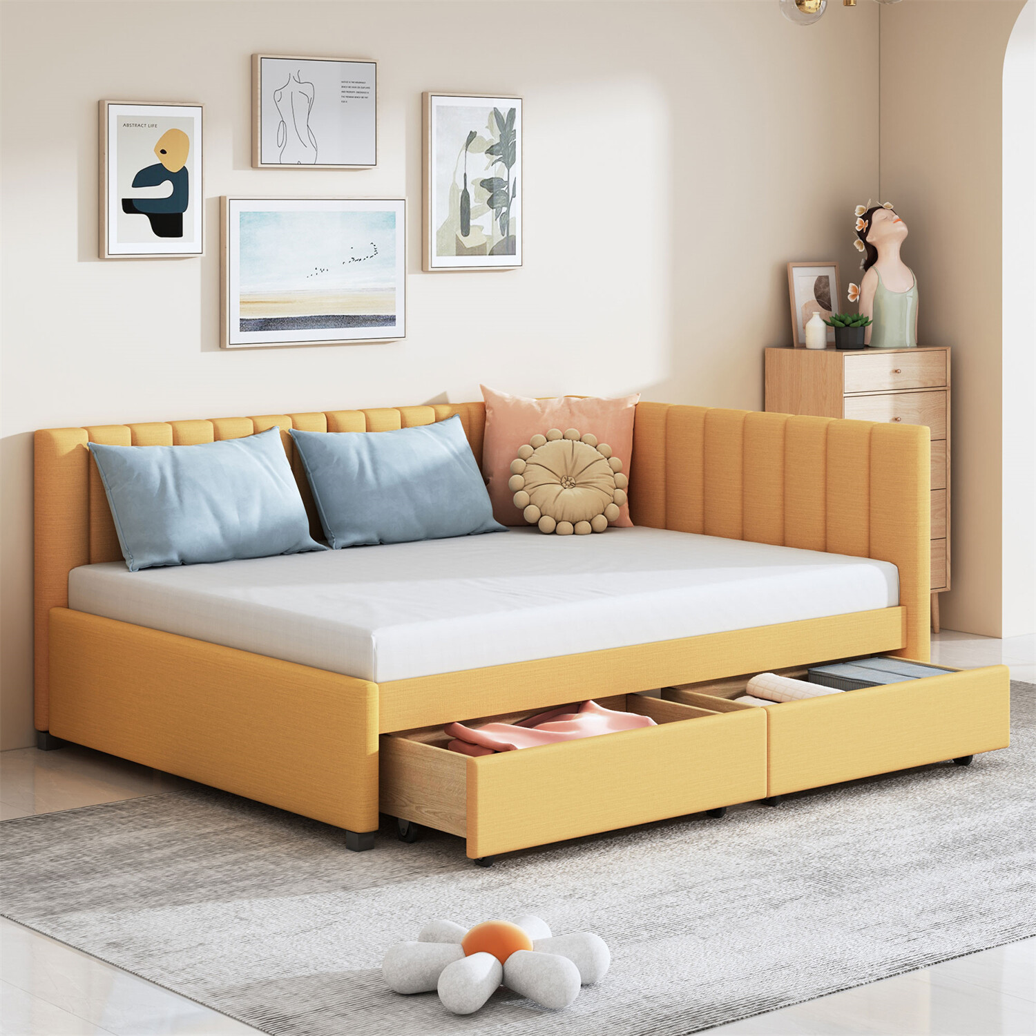 Full Size Daybed Upholstered Bed Frame Sofa Bed w/ 2 Storage Drawer Yellow