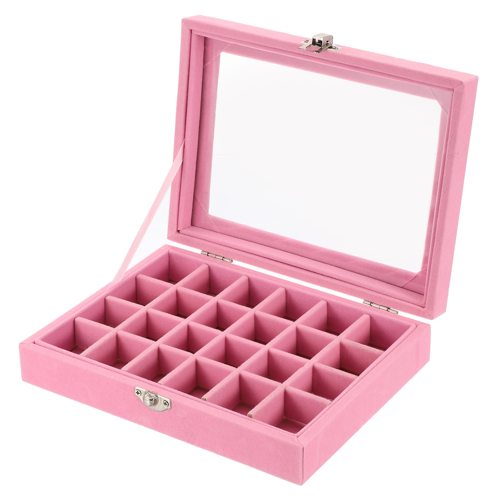 7 Slots Velvet Ring Jewelry Box Organizer 24 Grid with Glass Lid, Pink