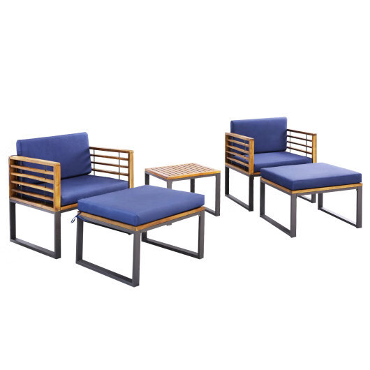 5 Piece Patio Acacia Wood Chair Set with Ottomans and Coffee Table-Navy - Color: