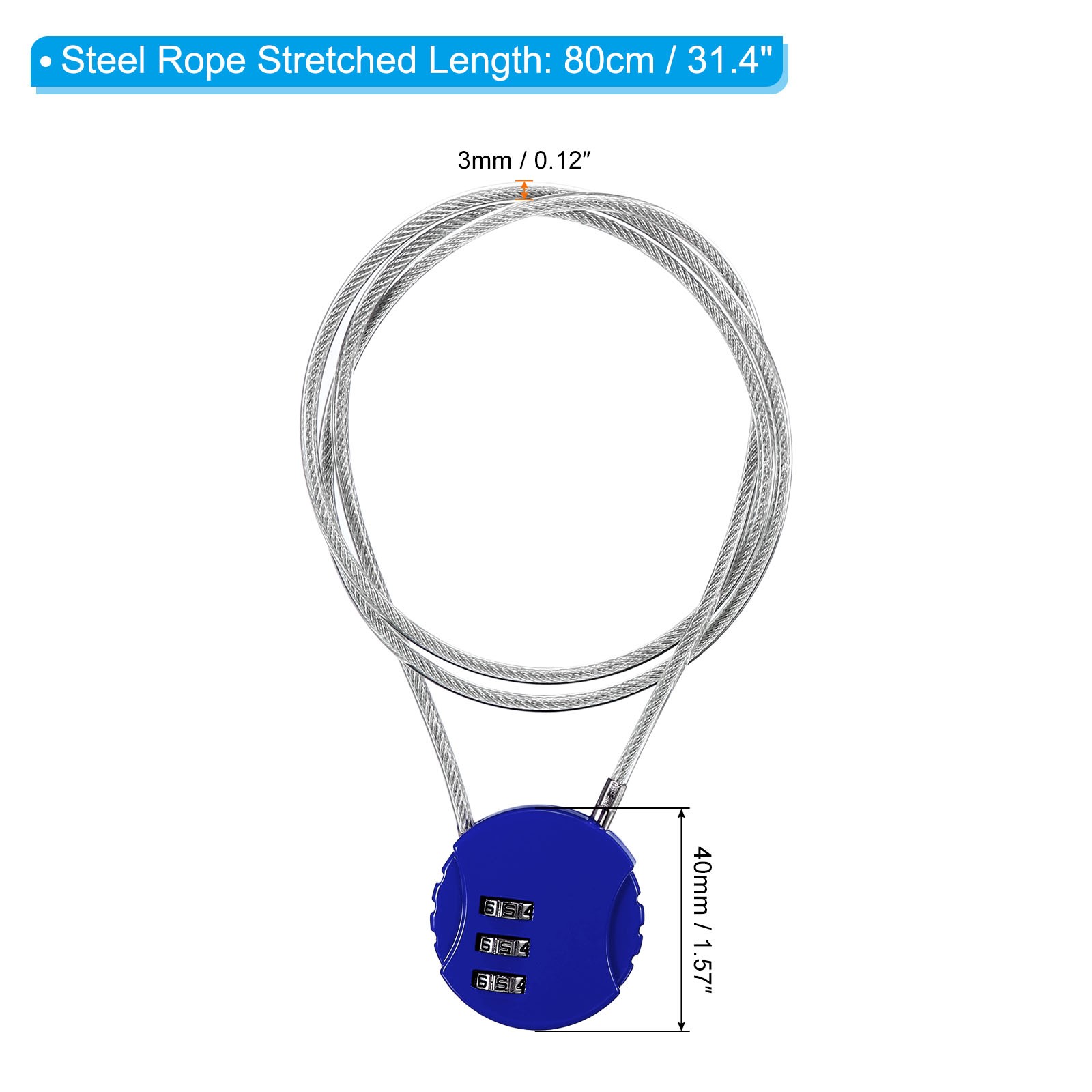Small Combination Block 31.4", 1pc 3 Digit Luggage Lock, Blue