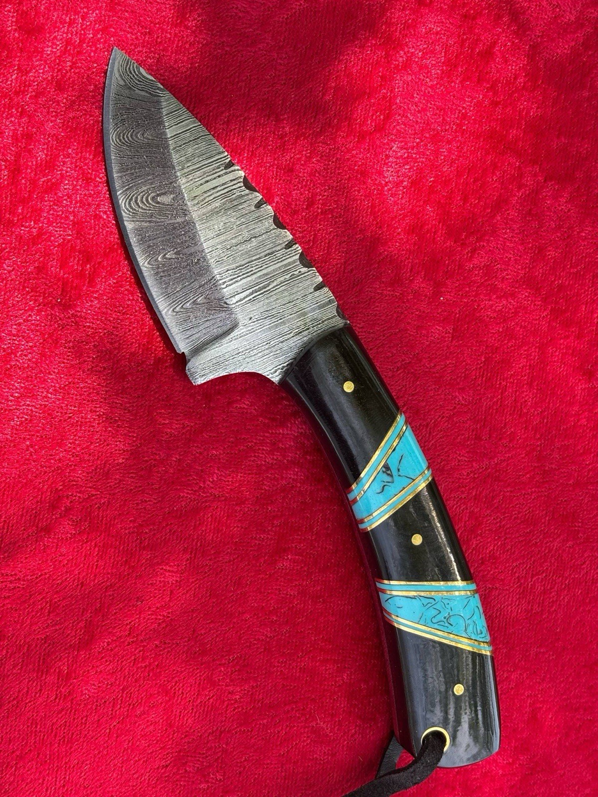 7.25” Fixed Blade Knife Full Tang Black & Turquoise Hand Forged W/Leather Sheath