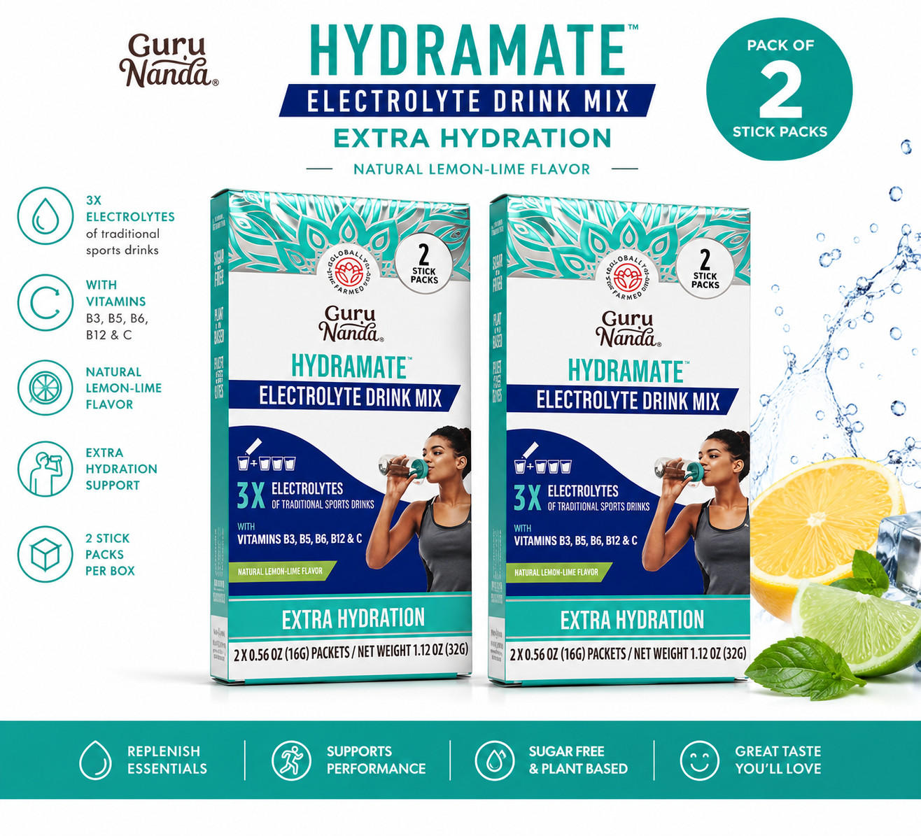 Guru Nanda Hydramate Electrolyte Drink Mix- Natural Lemon-Lime Flavor (2 Boxes)