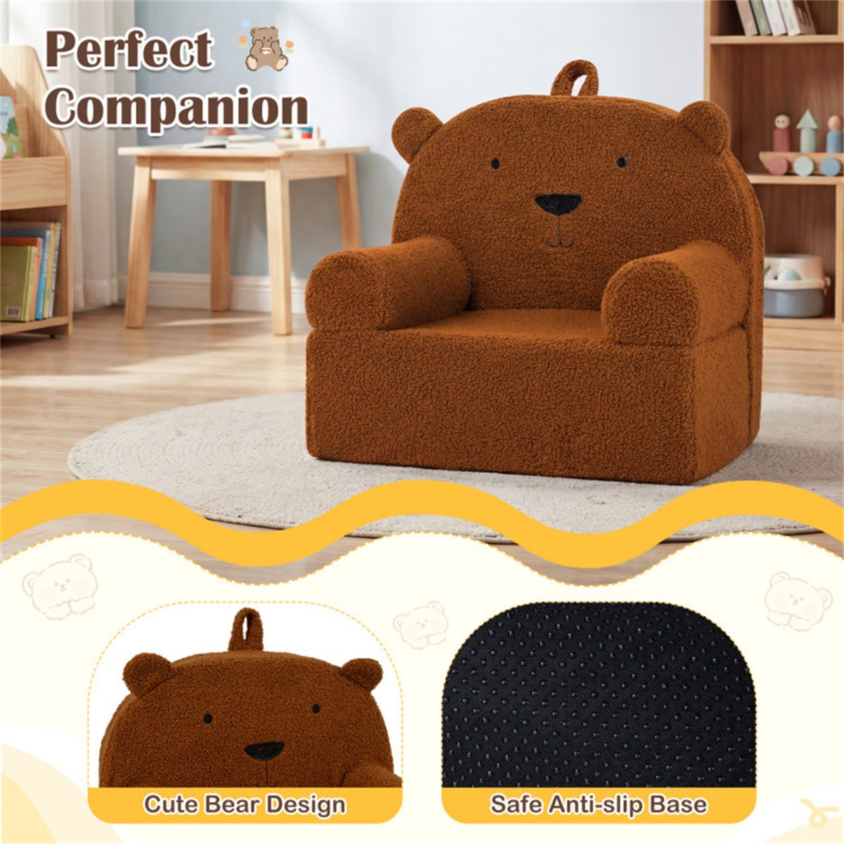 Bear-Shaped Kids Sofa, Teddy Fleece Foam Chair for Toddlers 3+, Portable Couch