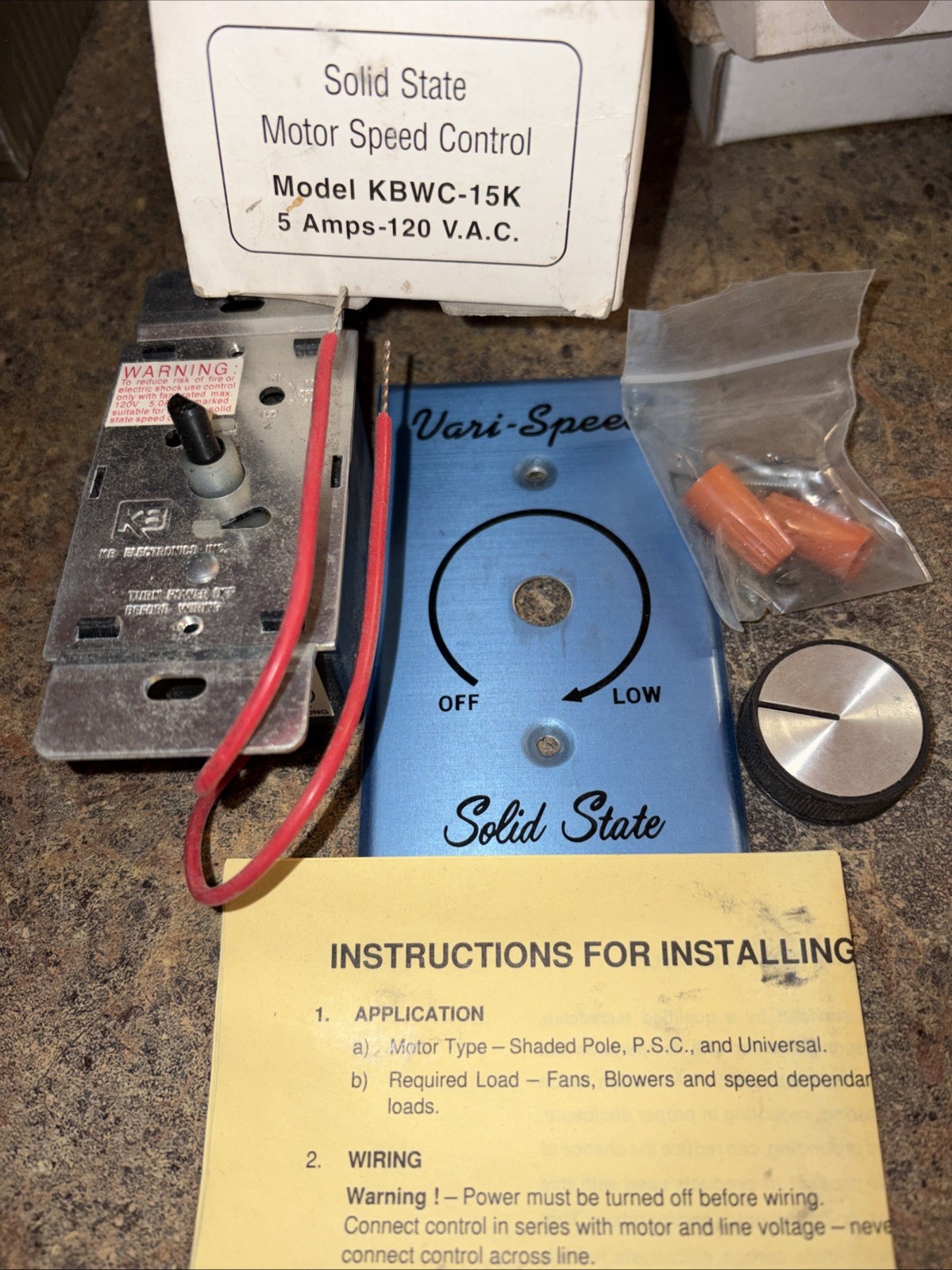 Vari-Speed Solid State Motor Speed Control KBWC - 15K 5 AMPS 120 VAC