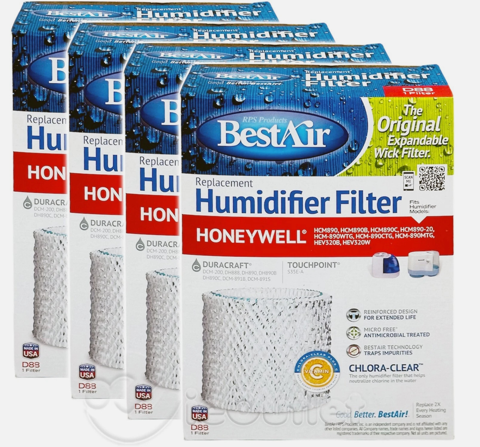 4 pack BestAir Humidifier Filter HONEYWELL D88 Made In USA 80% Recycled Fibers