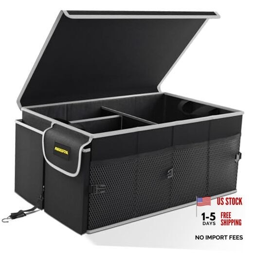 Car Trunk Organizer - 65L Collapsible Large - With Lid Black (White Edge)