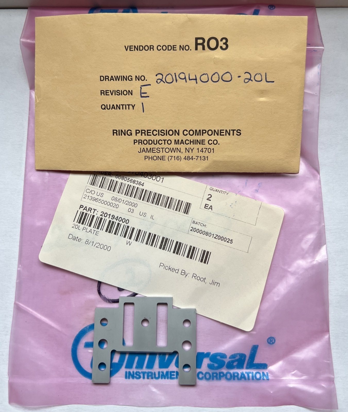 20194000 20L PLATE Universal Instrument Genuine Replacement Parts