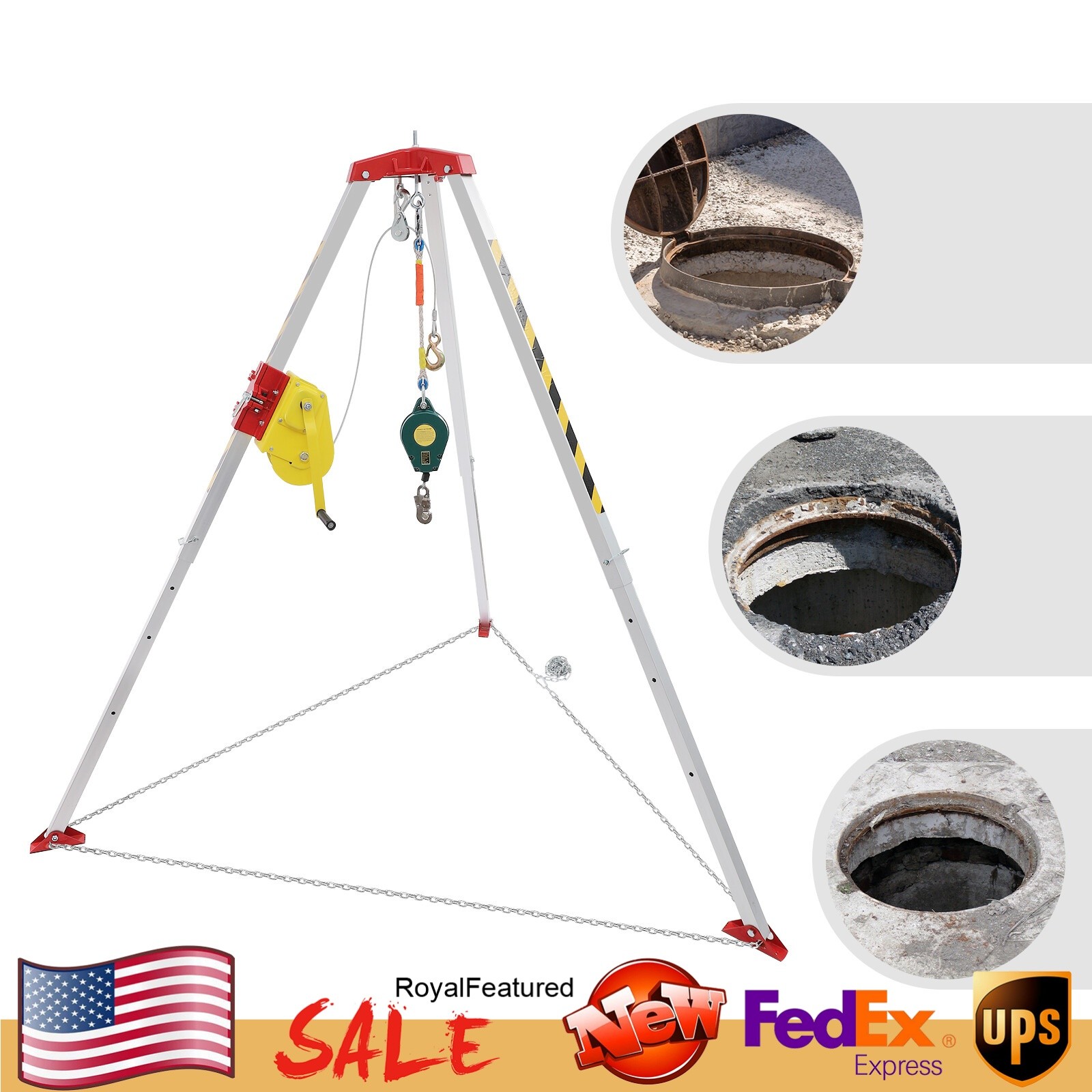Safety Confined Space Tripod Adjustable 5.2-8ft Legs Rescue Tripod 2600lb Winch